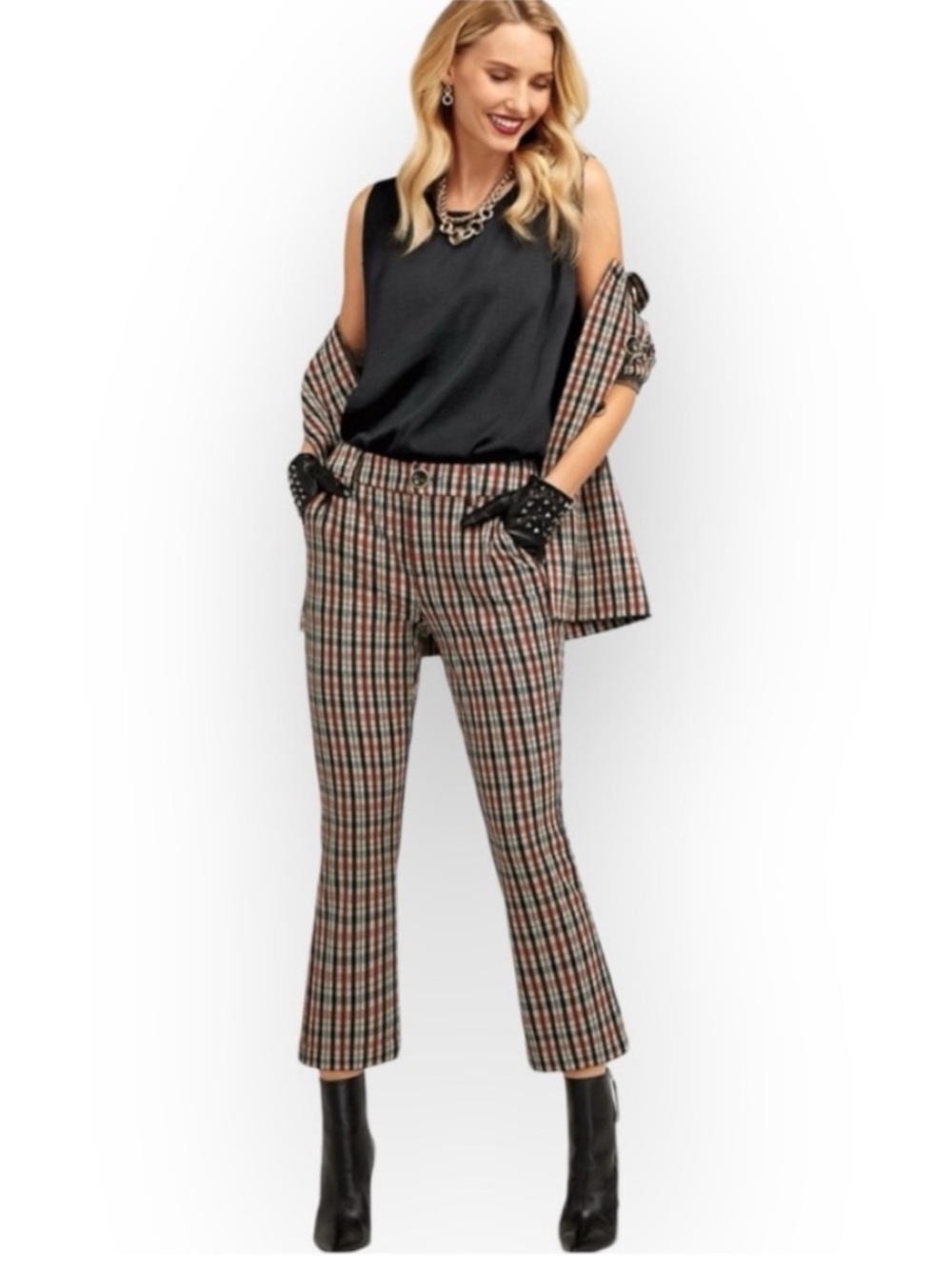 Cabi Jazzy Kick Flare Plaid Pants Retro Crop Trousers Brown Tan Red Multi 8
